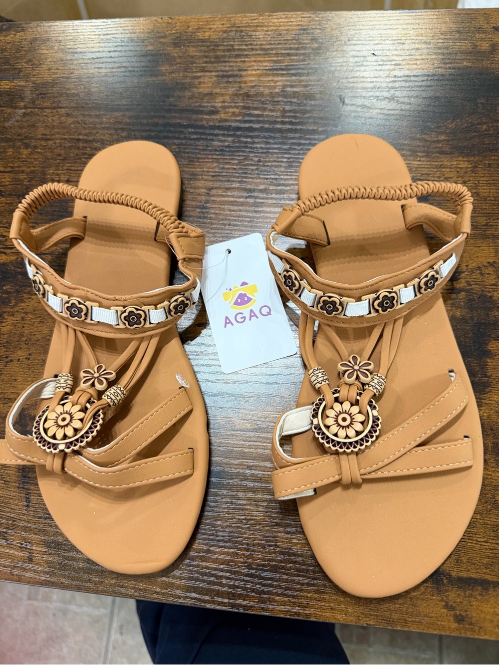 AGAQ Women's Tan Floral T-Strap Sandals with Decorative Accents